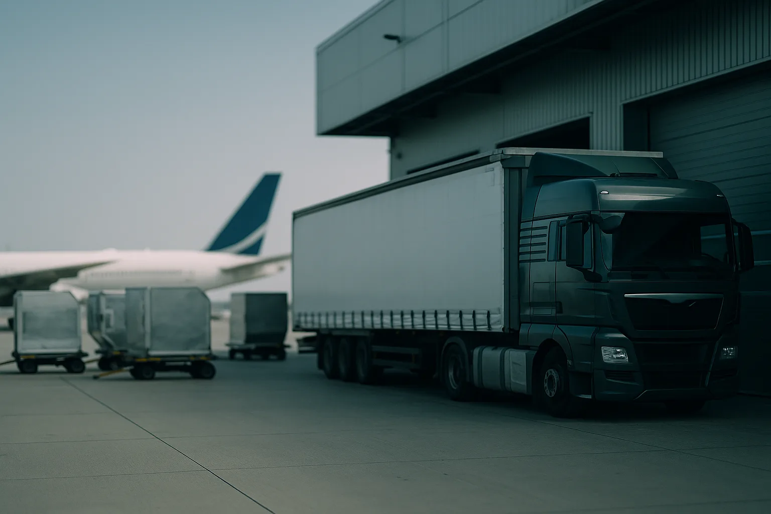 Ciężarówka przy rampie magazynu cargo lotniska
